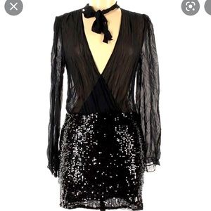 Tie neck sheer plunge sequin dress